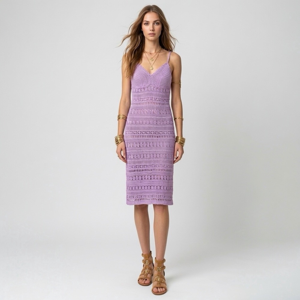 Vintage Y2K Moda International Lilac Crochet Slip Dress S/M Boho Festival Midi